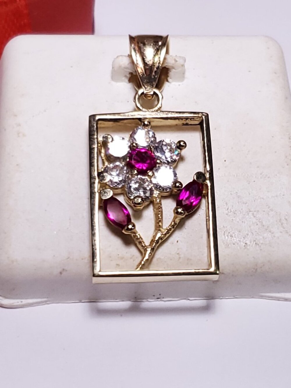 Estate 1.25ctw Lab Created Ruby & CZ Flower Framed 14Kt Yellow Gold Pendant24656
